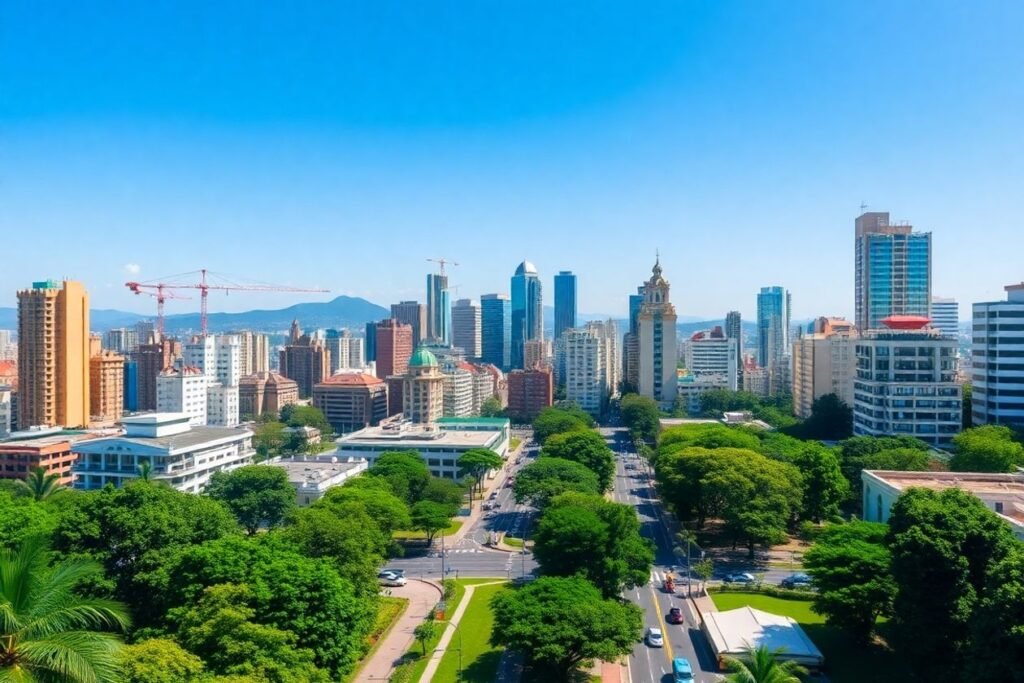 Cidade moderna do Brasil com arquitetura vibrante e verde.