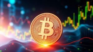 Símbolo do Bitcoin em um cenário financeiro digital.