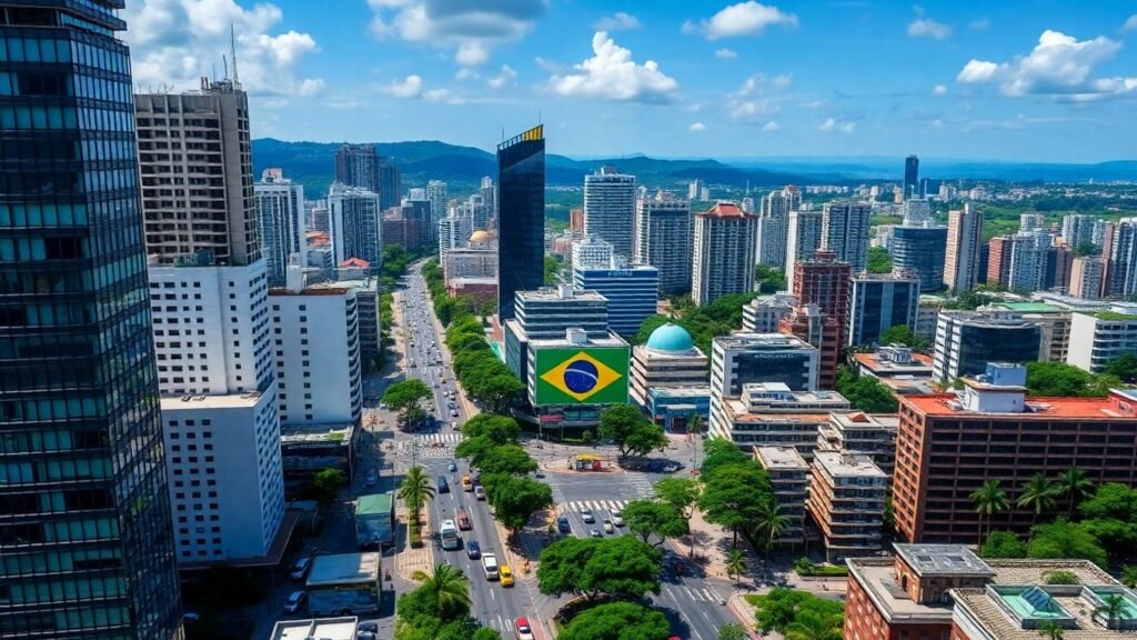 Vista aérea de uma cidade brasileira vibrante e movimentada.