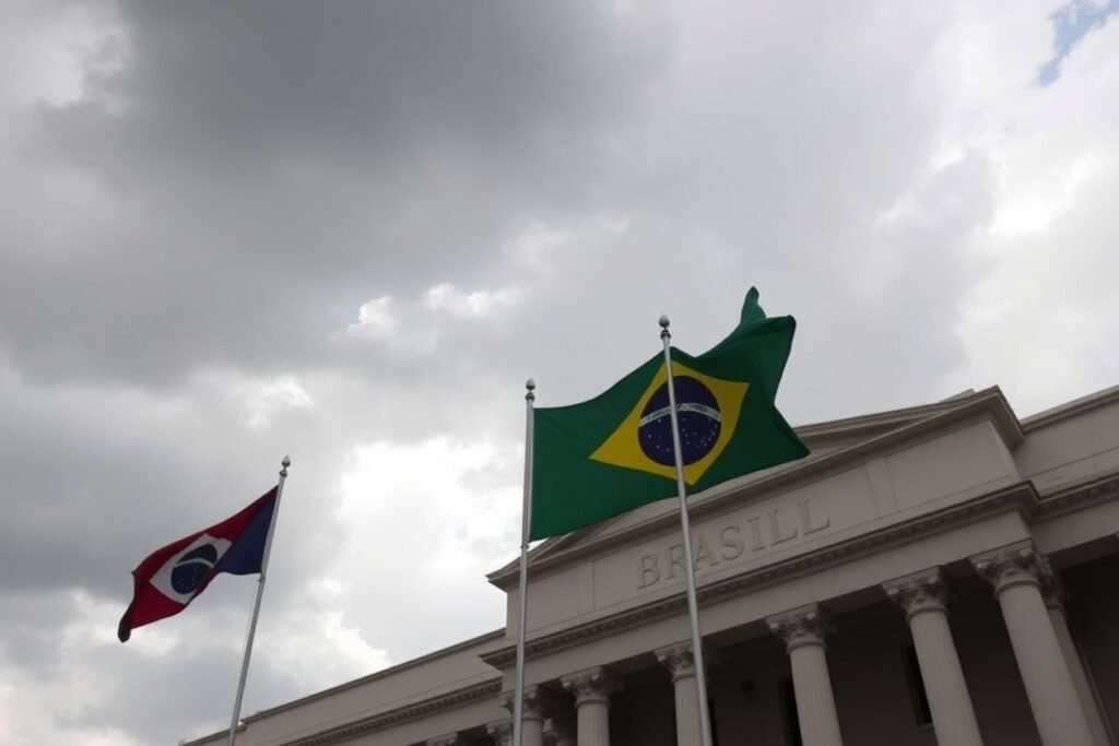 Edifício governamental no Brasil com céu nublado.