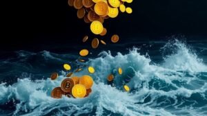 Várias moedas de Bitcoin em meio a ondas turbulentas.