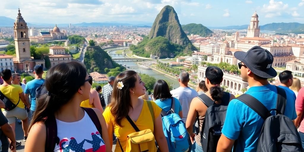 Turistas em pontos turísticos brasileiros com cultura vibrante.