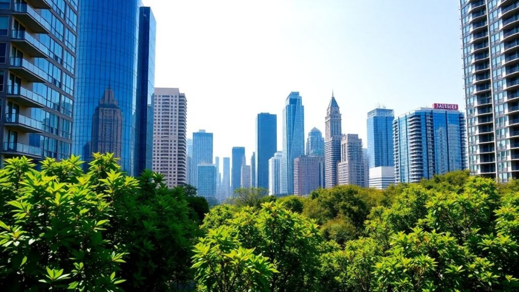 Imagem de um skyline urbano com prédios modernos.