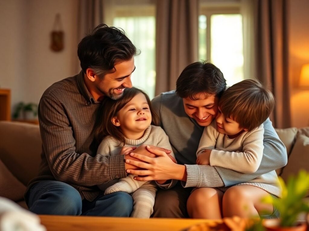 Família feliz em casa, simbolizando proteção e amor.