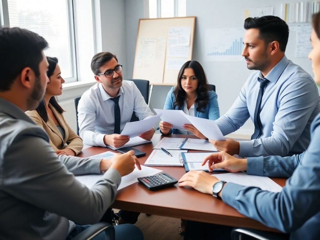 Profissionais discutindo impostos federais em escritório.