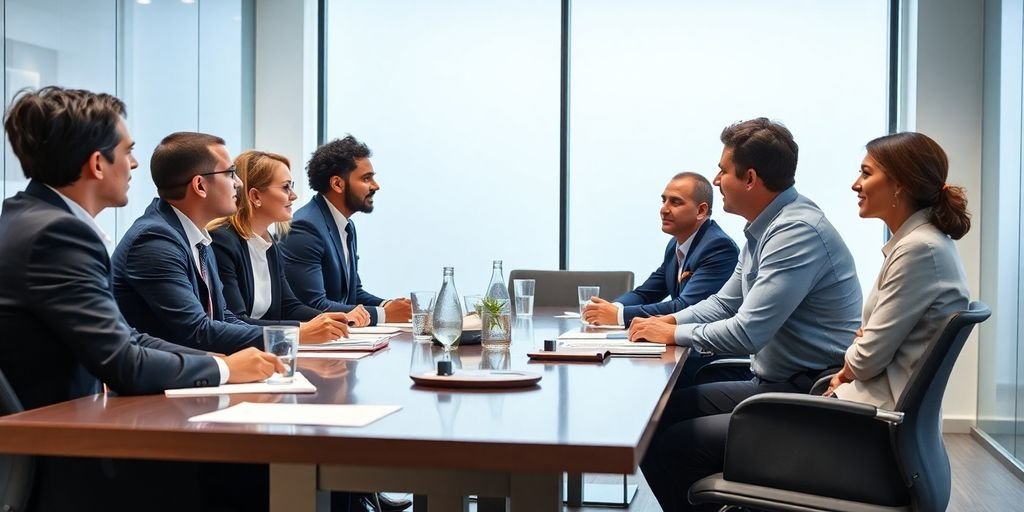 Reunião de negócios com profissionais diversos discutindo governança