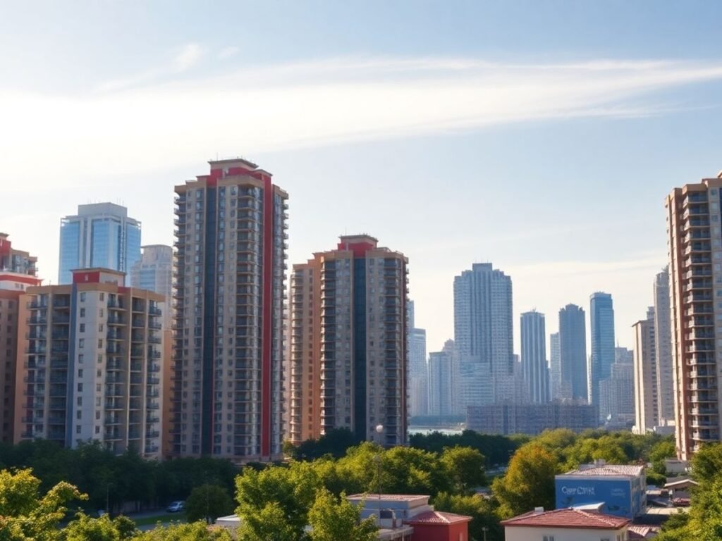 Vista de prédios residenciais modernos em uma cidade.