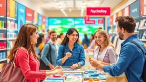 Consumidores felizes em loja, interagindo com produtos.