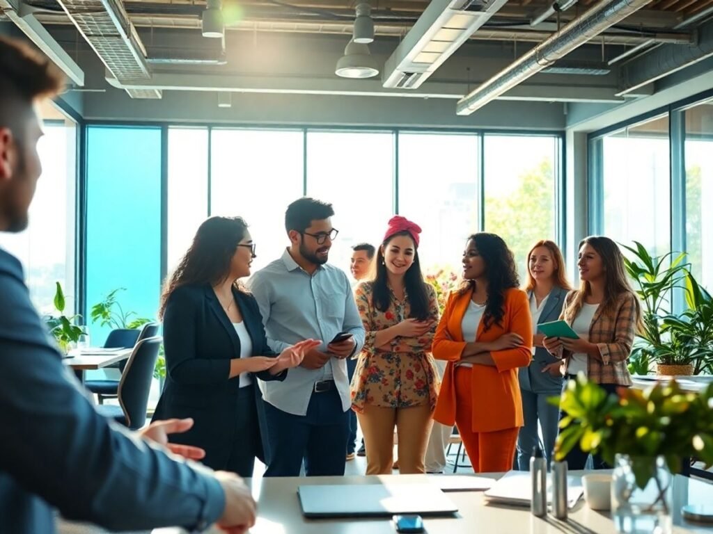 Ambiente de negócios moderno com empreendedores brasileiros.