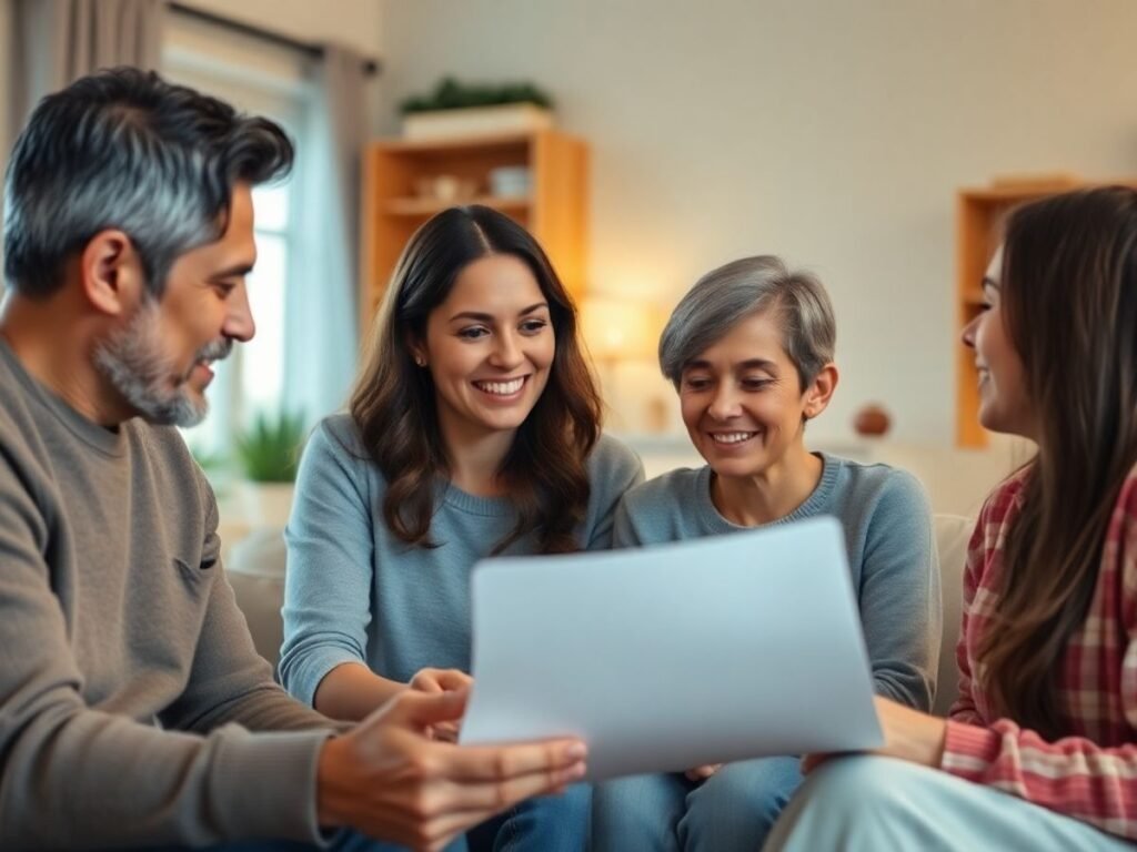 Reunião familiar em ambiente acolhedor, discutindo planos.