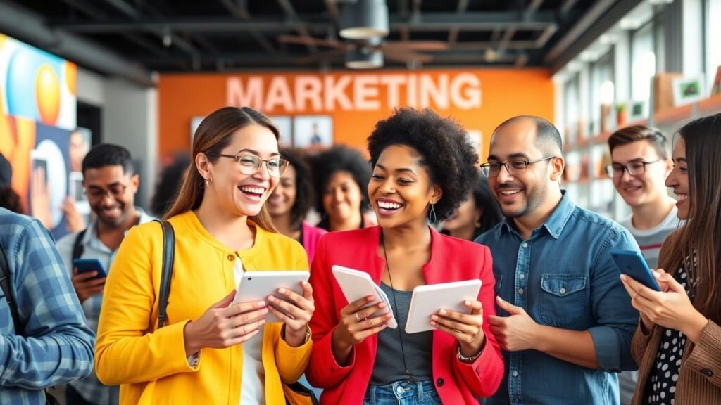 Consumidores interagindo com produtos em ambiente de marketing.