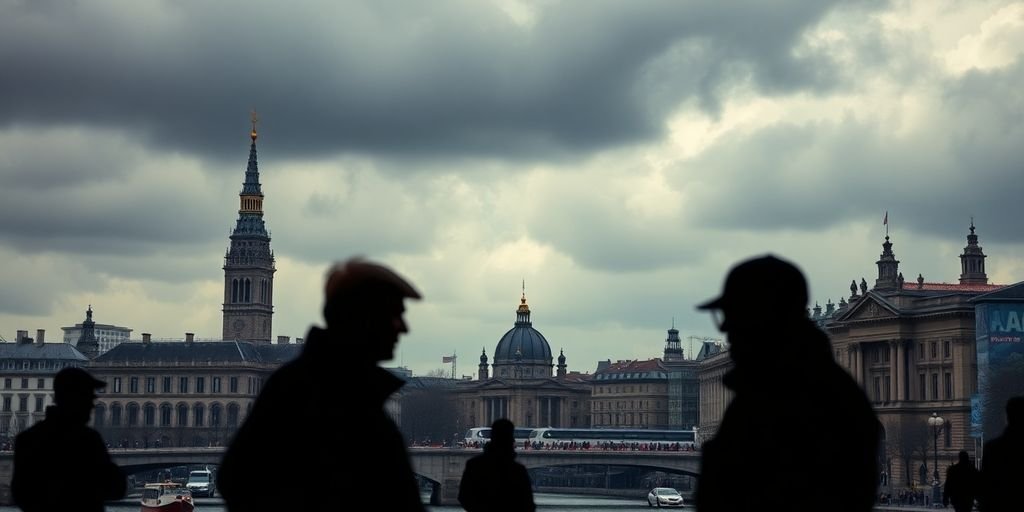 Atmosfera política tensa na Europa com céu sombrio.