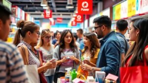 Cenas de consumidores em um ambiente de compras.