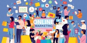 Colagem de marketing online e offline com pessoas interagindo.