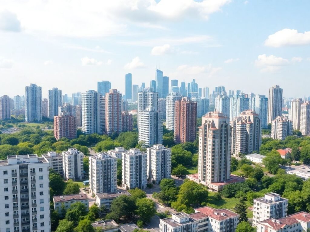 Imagem de um skyline urbano com edifícios residenciais modernos.