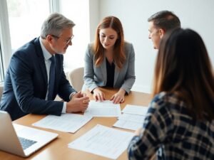 Consultor financeiro conversando com clientes sobre investimentos.