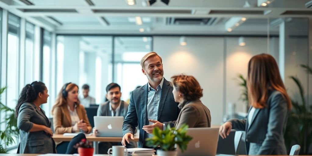 Ambientes empresariais diversos com empreendedores colaborando.