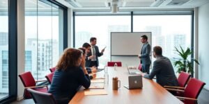 Sala de reunião com profissionais discutindo estratégias.