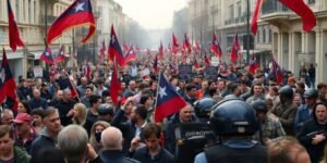 Protestos na Geórgia com multidão e bandeiras vibrantes.