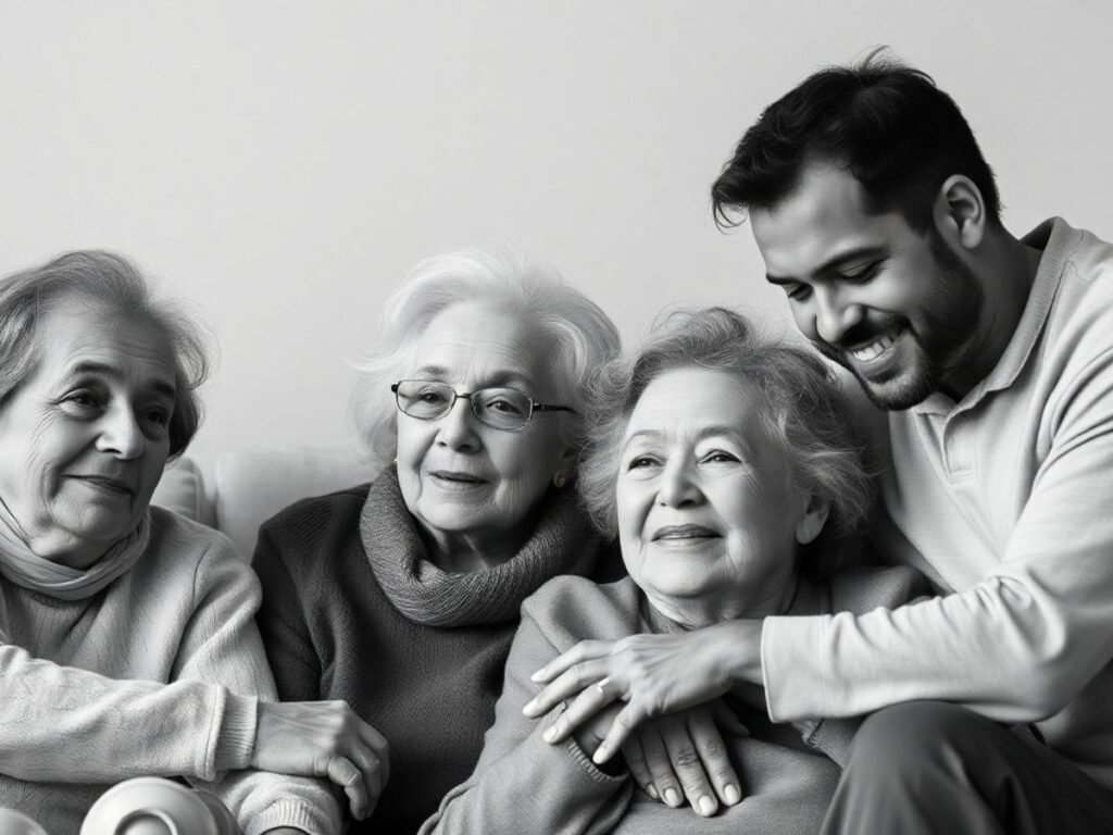 Família unida em reunião, retrato em preto e branco.