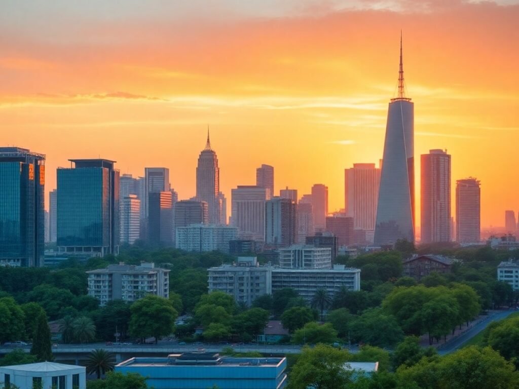 Cidade moderna ao pôr do sol, simbolizando investimentos.