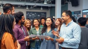 Diversas pessoas discutindo em um ambiente de marketing.