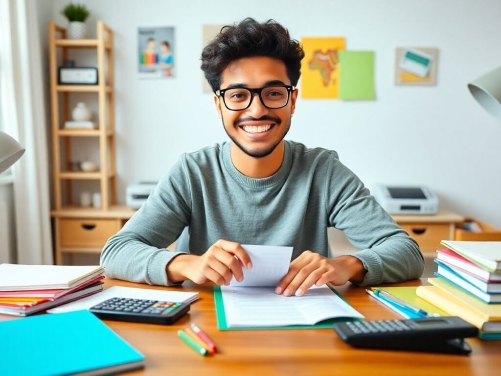 Pessoa alegre organizando finanças em uma mesa.