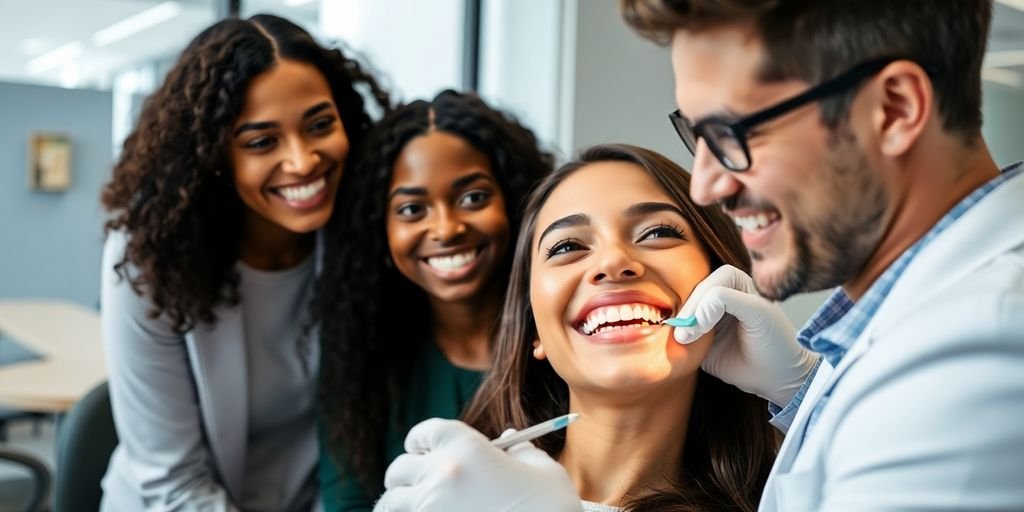 Funcionários sorrindo em consultório odontológico. Plano odontológico empresarial